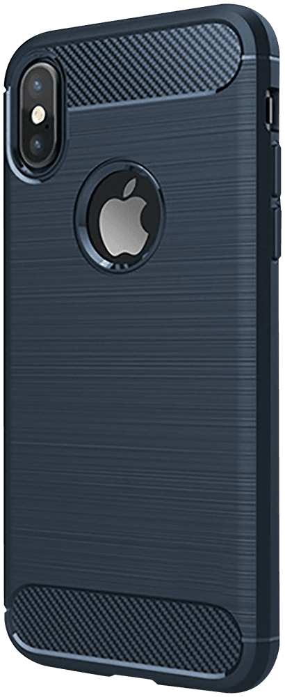 Apple iPhone XS ütésálló szilikon tok szálcsiszolt-karbon minta légpárnás sarok logó kihagyós sötétkék