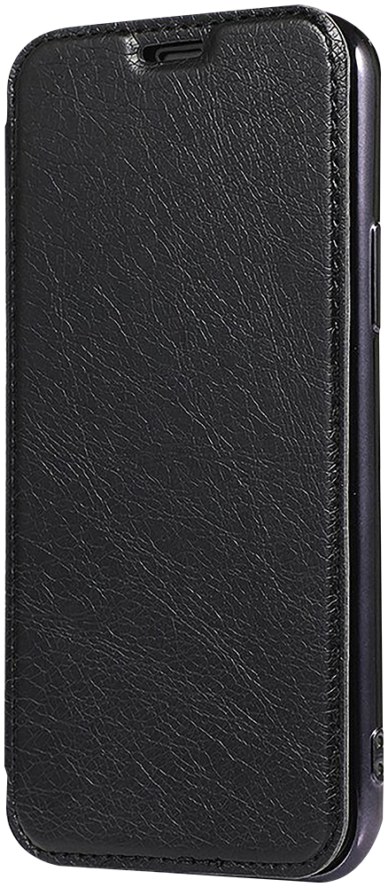 Samsung Galaxy A30s (SM-A307F) oldalra nyíló flipes bőrtok átlátszó szilikon hátlap, fémhatású keret fekete