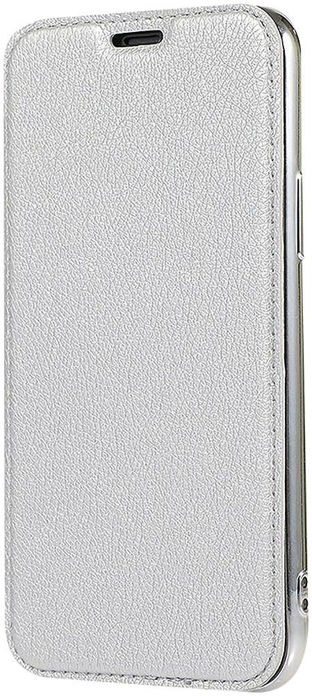 Huawei Y5 2018 oldalra nyíló flipes bőrtok átlátszó szilikon hátlap, fémhatású keret ezüst