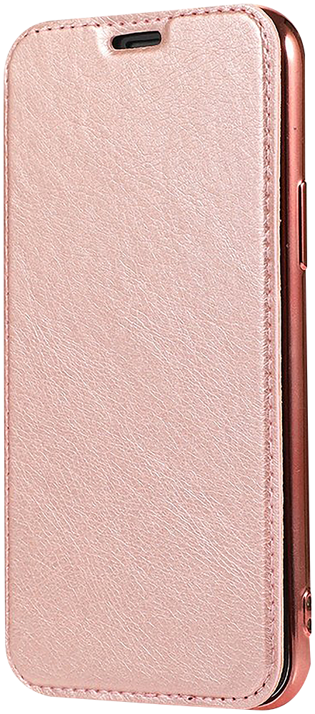 Apple iPhone 12 Pro Max oldalra nyíló flipes bőrtok átlátszó szilikon hátlap, fémhatású keret rozéarany