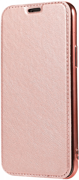 Apple iPhone XS oldalra nyíló flipes bőrtok átlátszó szilikon hátlap, fémhatású keret rozéarany