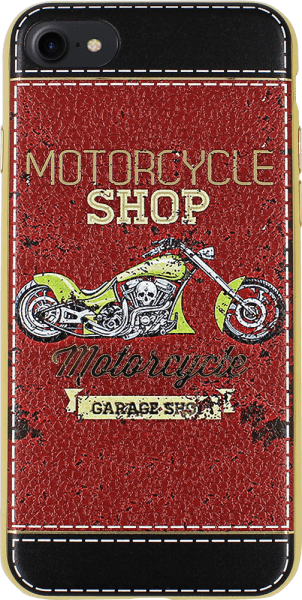 Apple iPhone 7 szilikon tok bőrhatásúszilikon tok bőrhatású motorcycle shop mintás piros/fekete, arany kerettel