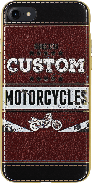 Apple iPhone 7 szilikon tok bőrhatású "custom motorcycles" mintás fehér/piros, arany kerettel