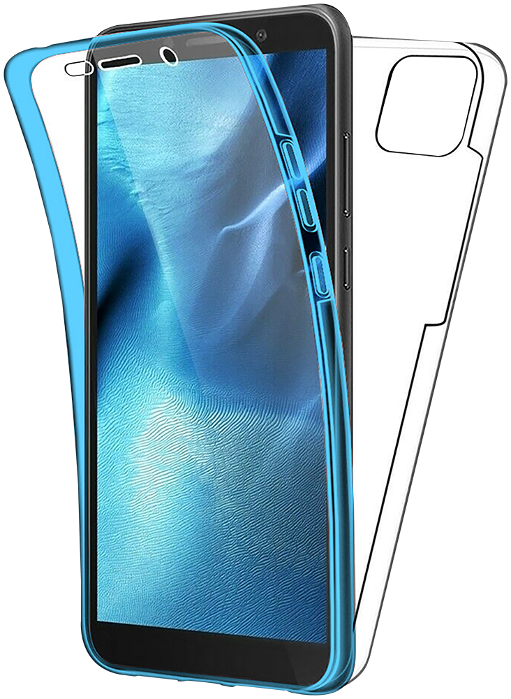 Huawei Y5P kemény hátlap szilikon előlap kék kerettel 360 ° védelem átlátszó