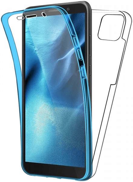 Huawei Y5P kemény hátlap szilikon előlap kék kerettel 360 ° védelem átlátszó