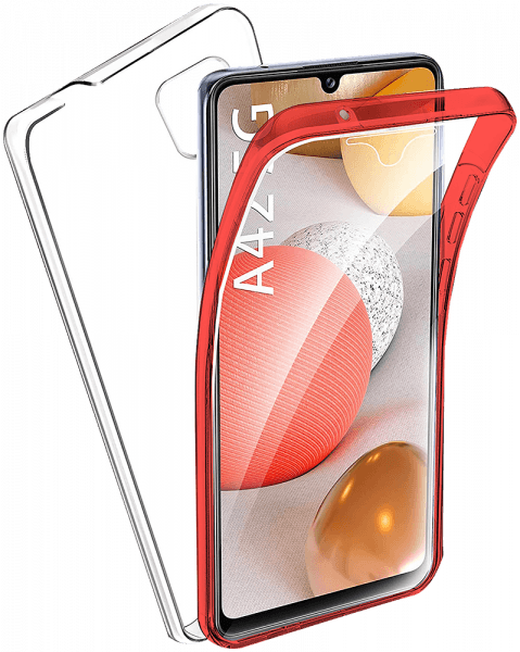 Samsung Galaxy A42 5G (SM-A426B) kemény hátlap szilikon előlap piros kerettel 360 ° védelem átlátszó