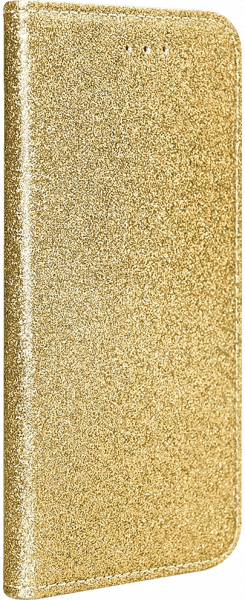 Huawei Y6P oldalra nyíló flipes bőrtok csillámos arany