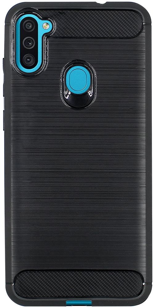 Samsung Galaxy M11 (SM-M115F) ütésálló szilikon tok szálcsiszolt-karbon minta légpárnás sarok fekete
