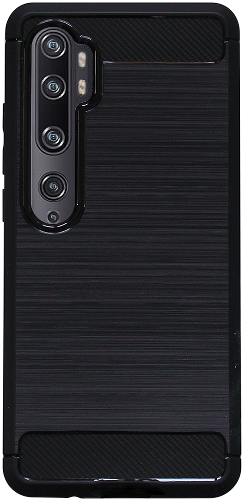 Xiaomi Mi Note 10 ütésálló szilikon tok szálcsiszolt-karbon minta légpárnás sarok fekete