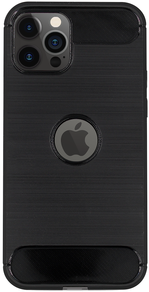 Apple iPhone 12 Pro ütésálló szilikon tok szálcsiszolt-karbon minta légpárnás sarok logó kihagyós fekete