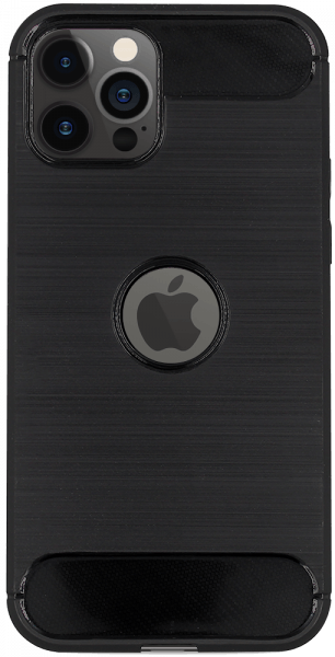Apple iPhone 12 Pro ütésálló szilikon tok szálcsiszolt-karbon minta légpárnás sarok logó kihagyós fekete