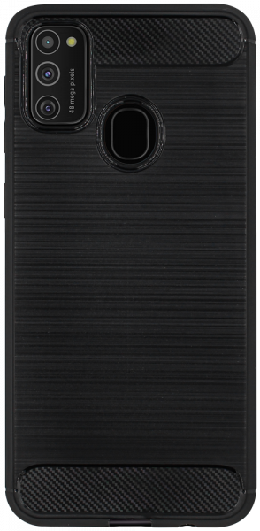 Samsung Galaxy M21 (SM-M215F) ütésálló szilikon tok szálcsiszolt-karbon minta légpárnás sarok fekete