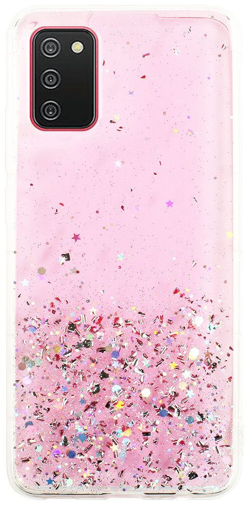 Samsung Galaxy A02s (SM-A025) kemény hátlap szilikon kerettel flitteres átlátszó rózsaszín