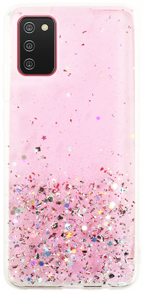 Samsung Galaxy A02s (SM-A025) kemény hátlap szilikon kerettel flitteres átlátszó rózsaszín