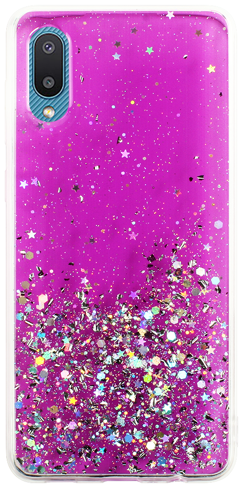 Samsung Galaxy A02 (SM-A022F) kemény hátlap szilikon kerettel flitteres átlátszó lila