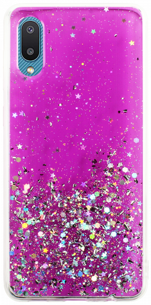 Samsung Galaxy M02 (SM-M022F) kemény hátlap szilikon kerettel flitteres átlátszó lila