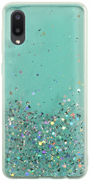 Samsung Galaxy M02 (SM-M022F) kemény hátlap szilikon kerettel flitteres átlátszó zöld