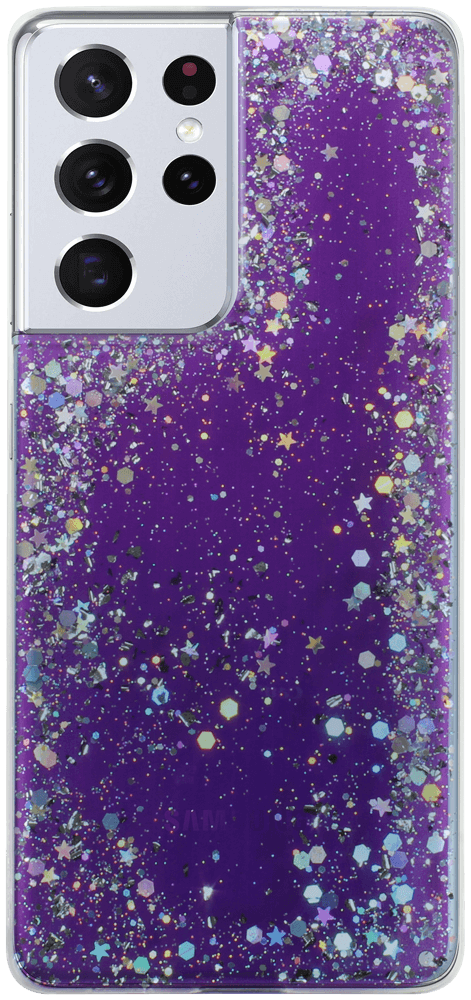 Samsung Galaxy S21 Ultra 5G (SM-G998B) kemény hátlap szilikon kerettel flitteres átlátszó lila