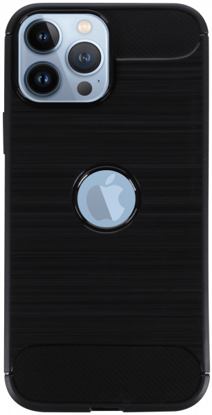 Apple iPhone 13 Pro Max ütésálló szilikon tok szálcsiszolt-karbon minta légpárnás sarok logó kihagyós fekete