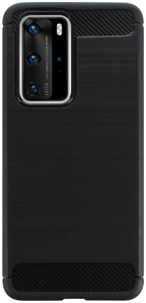 Huawei P40 Pro ütésálló szilikon tok szálcsiszolt-karbon minta légpárnás sarok fekete