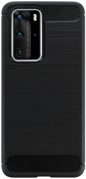 Huawei P40 Pro ütésálló szilikon tok szálcsiszolt-karbon minta légpárnás sarok fekete