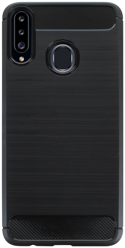 Samsung Galaxy A20s (SM-A207F) ütésálló szilikon tok szálcsiszolt-karbon minta légpárnás sarok fekete