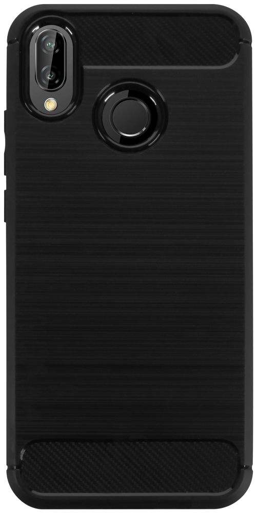 Huawei P20 Lite ütésálló szilikon tok szálcsiszolt-karbon minta légpárnás sarok fekete