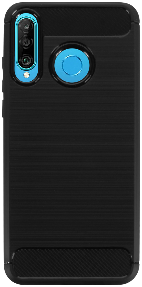 Huawei P30 Lite ütésálló szilikon tok szálcsiszolt-karbon minta légpárnás sarok fekete