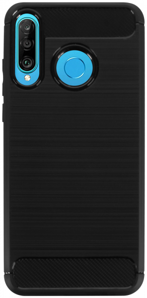 Huawei P30 Lite ütésálló szilikon tok szálcsiszolt-karbon minta légpárnás sarok fekete