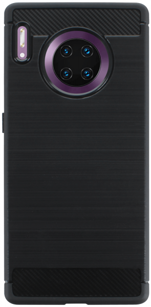 Huawei Mate 30 Pro ütésálló szilikon tok szálcsiszolt-karbon minta légpárnás sarok fekete