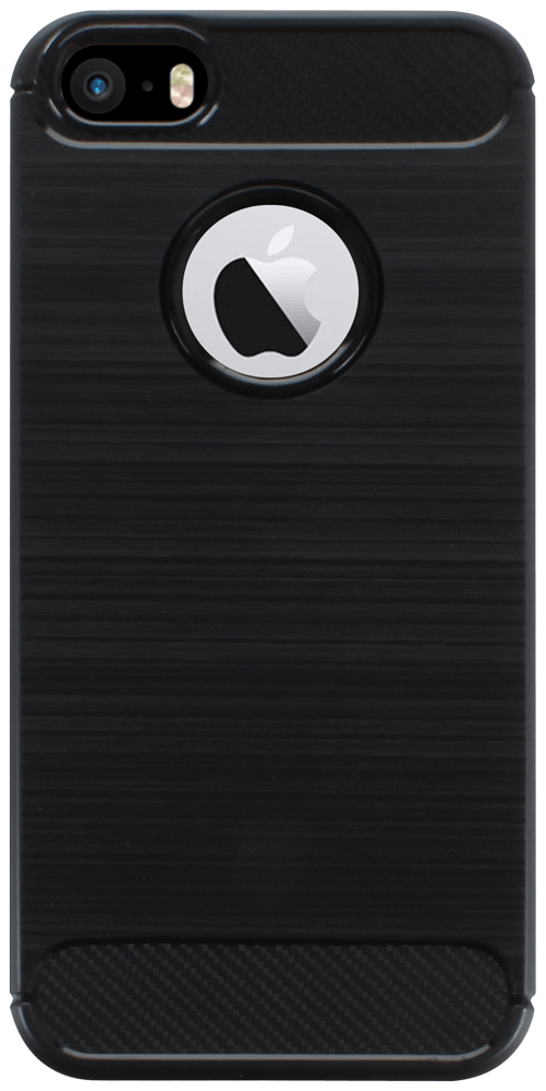 Apple iPhone SE (2016) ütésálló szilikon tok szálcsiszolt-karbon minta légpárnás sarok logó kihagyós fekete