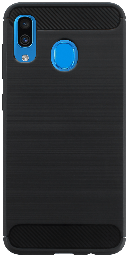 Samsung Galaxy A30 (SM-A305) ütésálló szilikon tok szálcsiszolt-karbon minta légpárnás sarok fekete