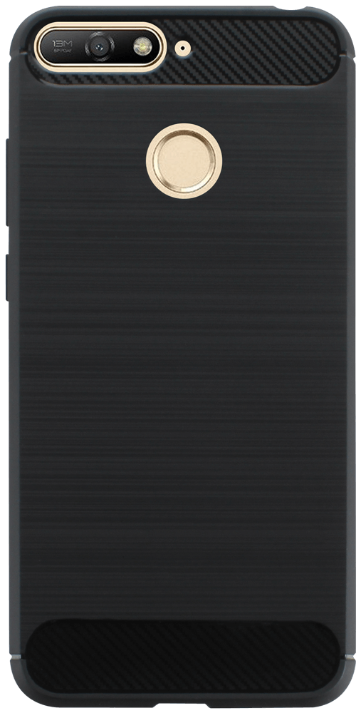 Huawei Y6 Prime 2018 ütésálló szilikon tok szálcsiszolt-karbon minta légpárnás sarok fekete
