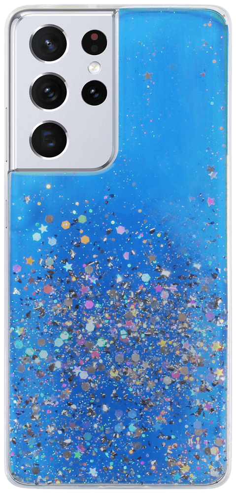 Samsung Galaxy S21 Ultra 5G (SM-G998B) kemény hátlap szilikon kerettel flitteres átlátszó kék