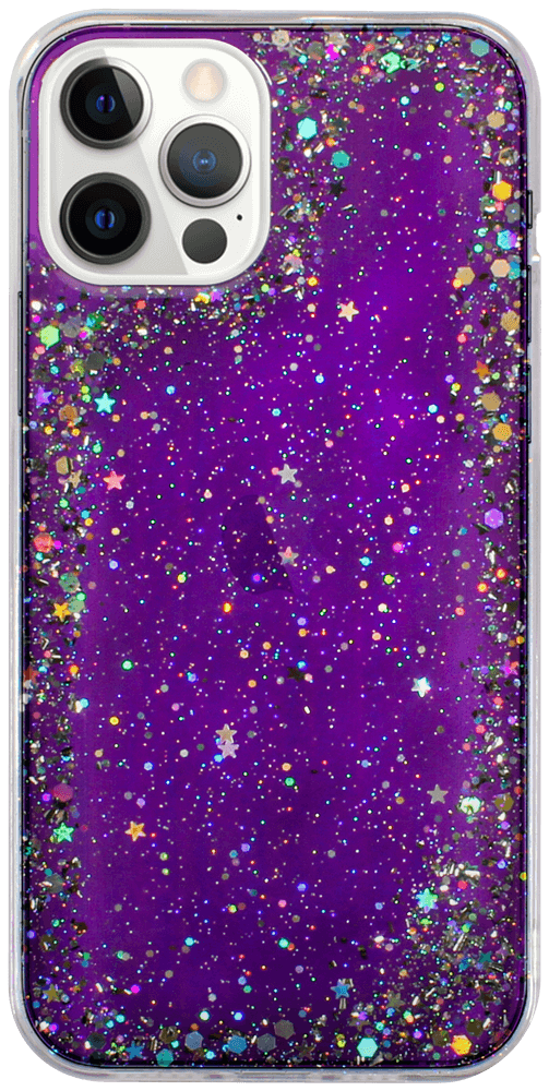 Apple iPhone 12 Pro Max kemény hátlap szilikon kerettel flitteres átlátszó lila