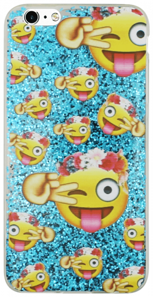 Apple iPhone 6S Plus kemény hátlap emoji mintás, flitteres kék