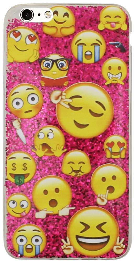 Apple iPhone 6 Plus kemény hátlap emoji mintás, flitteres rózsaszín