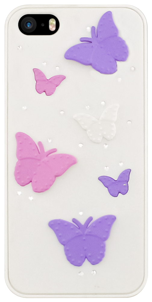 Apple iPhone SE (2016) kemény hátlap 3D színes pillangókkal és strasszal fehér
