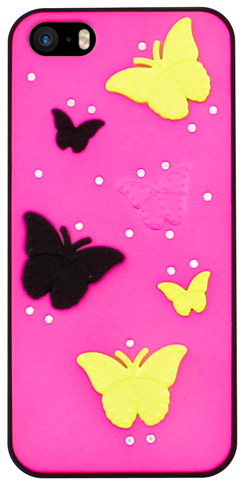 Apple iPhone 5S kemény hátlap 3D színes pillangókkal és strasszal rózsaszín