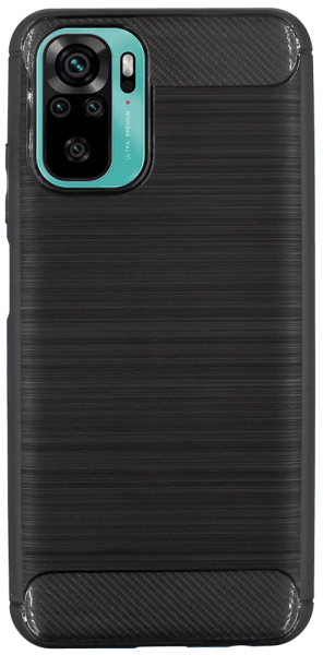 Xiaomi Poco M5s ütésálló szilikon tok szálcsiszolt-karbon minta légpárnás sarok fekete