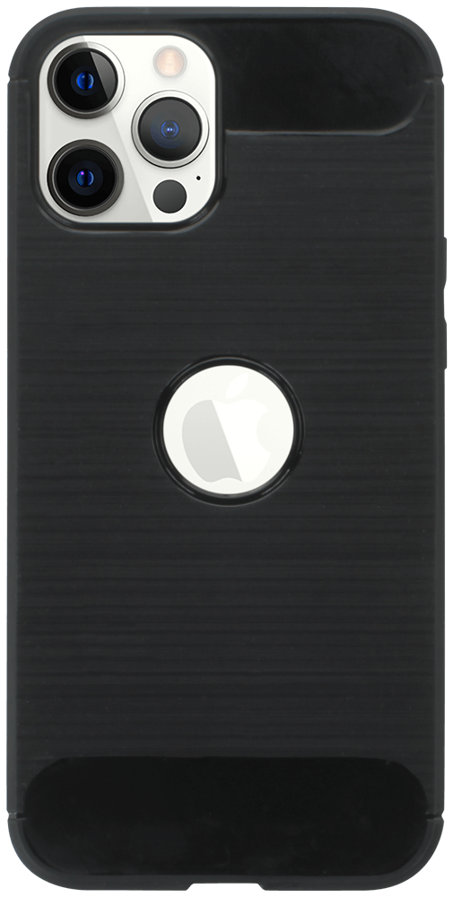 Apple iPhone 12 Pro Max ütésálló szilikon tok szálcsiszolt-karbon minta légpárnás sarok logó kihagyós fekete