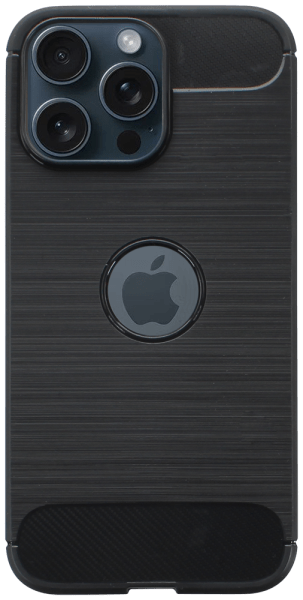 Apple iPhone 15 Pro Max ütésálló szilikon tok szálcsiszolt-karbon minta légpárnás sarok logó kihagyós fekete