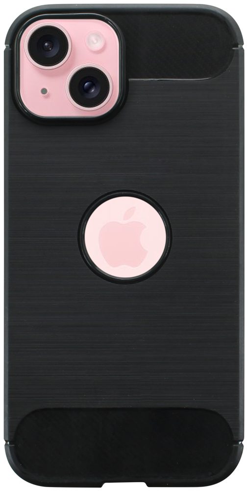 Apple iPhone 15 ütésálló szilikon tok szálcsiszolt-karbon minta légpárnás sarok logó kihagyós fekete