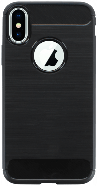 Apple iPhone X ütésálló szilikon tok szálcsiszolt-karbon minta légpárnás sarok logó kihagyós fekete