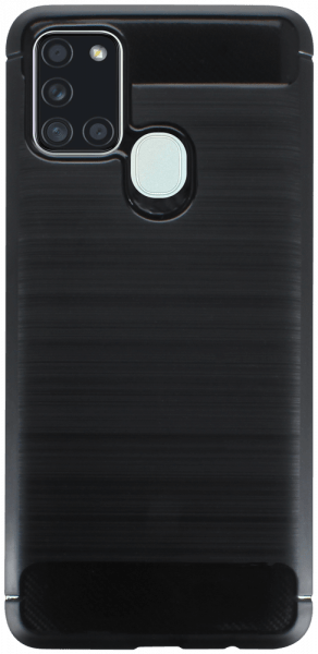 Samsung Galaxy A21s (SM-A217F) ütésálló szilikon tok szálcsiszolt-karbon minta légpárnás sarok fekete
